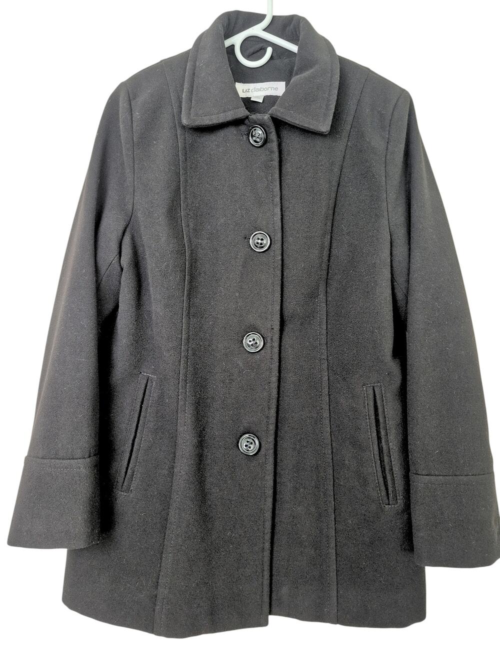 LIZ Claiborne Womens Winter Coat Sz L Black Single Breasted Button Front Classic